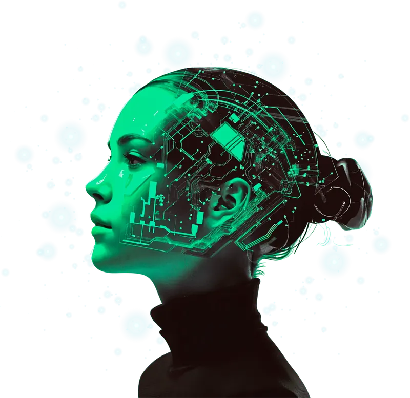Rosto de inteligência artificial com circuitos verdes